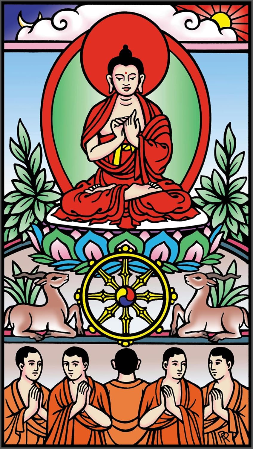 Buddhist illustration with Buddha in meditation, wheel of dharma, and monks in orange robes.