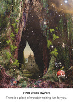 Fantasy forest scene with a door opening to a castle, surrounded by nature elements.
