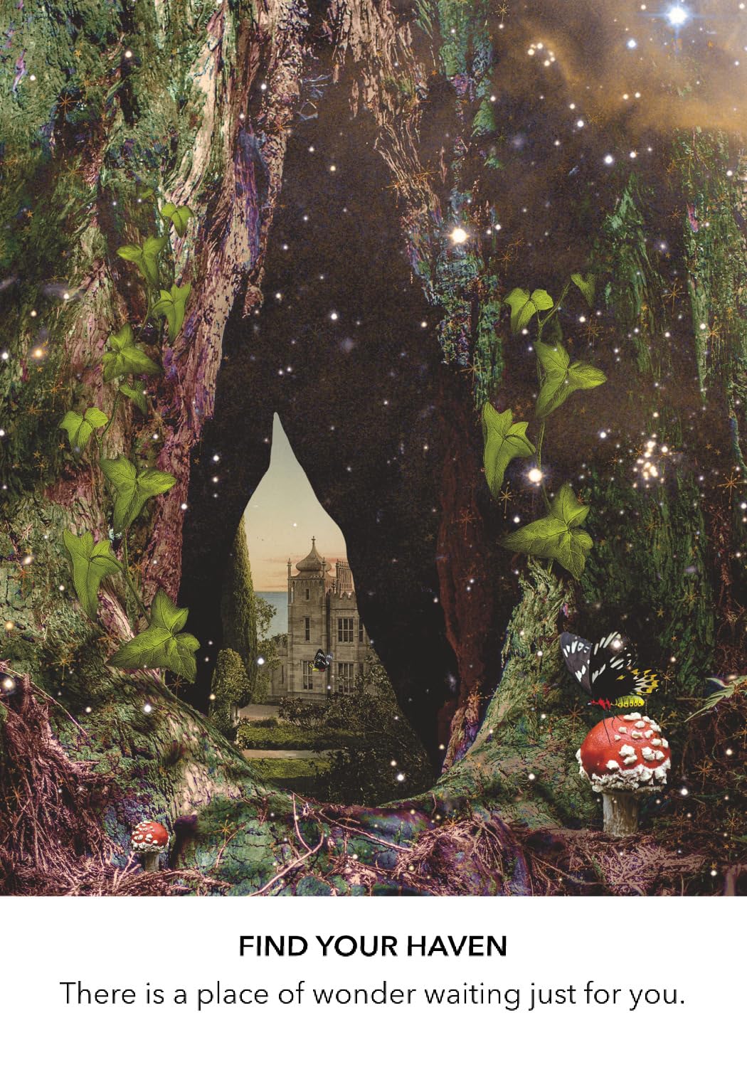 Fantasy forest scene with a door opening to a castle, surrounded by nature elements.