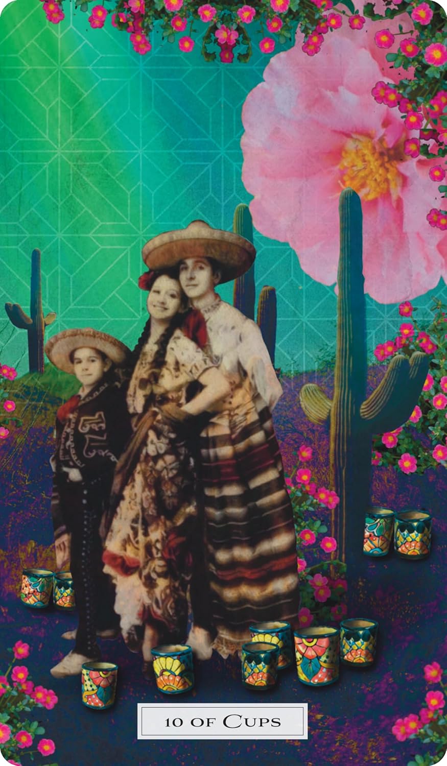 Tarot card featuring three people in traditional attire with a colorful background and flowers.