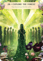 Illustration of a woman in a forest with glowing green aura, surrounded by flowers and other people.