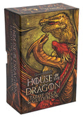 Box for 'House of the Dragon' tarot deck with dragons on a white background
