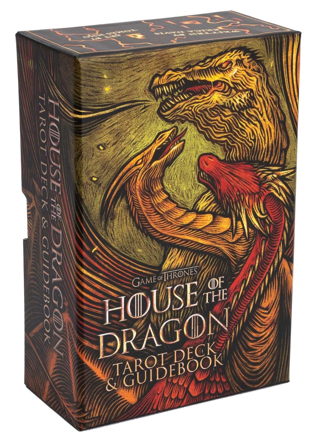 Box for 'House of the Dragon' tarot deck with dragons on a white background