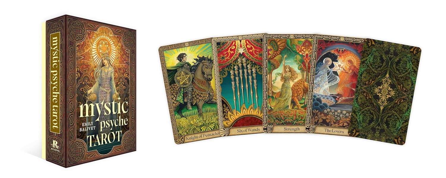 Mystic Psyche Tarot set with tarot cards and box on a white background