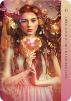 Woman holding a glowing heart with floral elements and text on a pink border