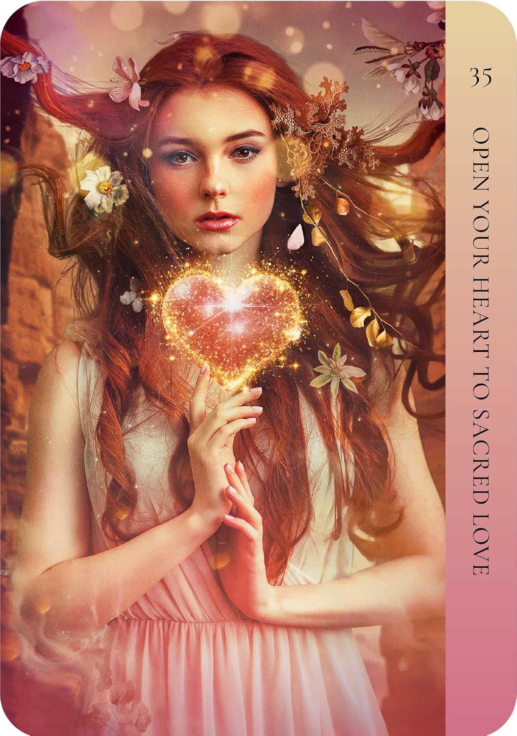 Woman holding a glowing heart with floral elements and text on a pink border