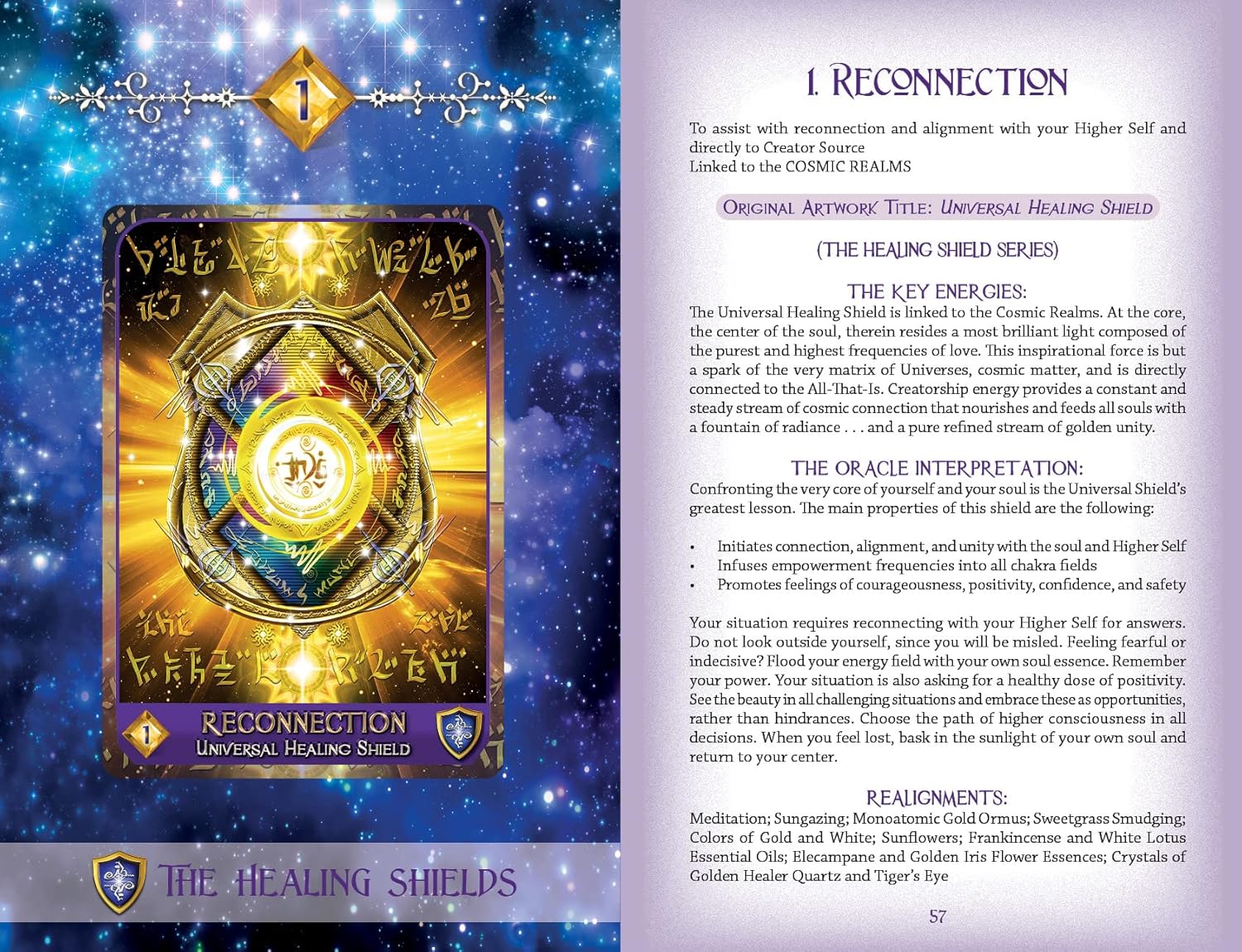 Healing shield card with mystical design and text on a cosmic background