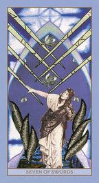 Tarot card featuring a woman with swords and plants, titled 'Seven of Swords'.