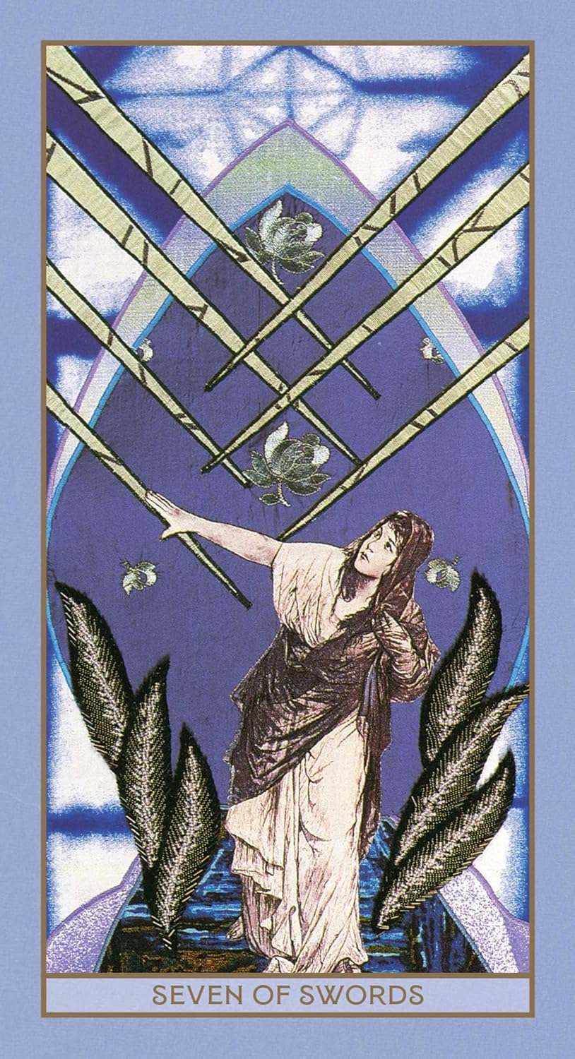 Tarot card featuring a woman with swords and plants, titled 'Seven of Swords'.