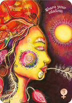 Colorful artwork of a woman's face with a sun and celestial elements, featuring the text 'Share your wisdom'.