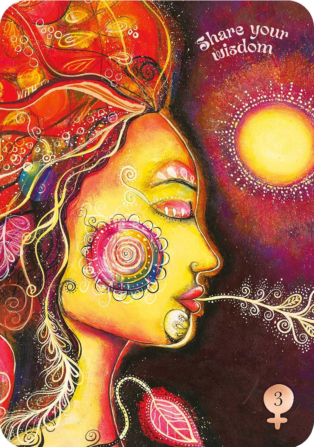 Colorful artwork of a woman's face with a sun and celestial elements, featuring the text 'Share your wisdom'.