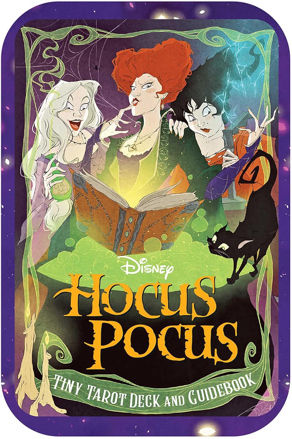 Disney Hocus Pocus tiny tarot deck and guidebook packaging with three witches and a cat on a green background.