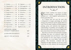 An open book spread showing the back matter, with a left page containing a table of contents and a right page titled 'INTRODUCTION' with decorative green and gold border details.