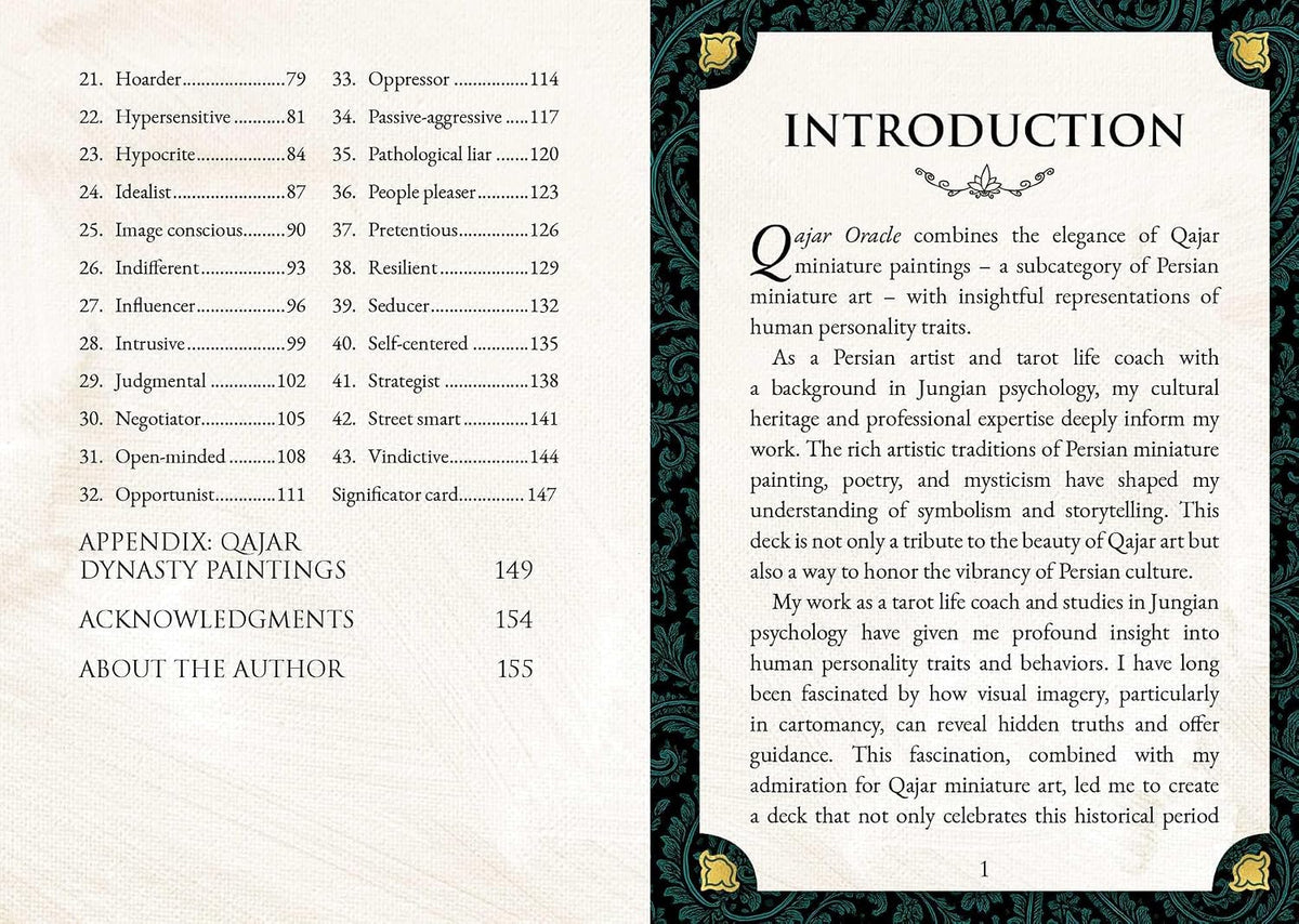 An open book spread showing the back matter, with a left page containing a table of contents and a right page titled 'INTRODUCTION' with decorative green and gold border details.