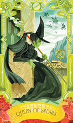 Card featuring a witch with a broomstick, labeled 'Queen of Spears', in a decorative frame.
