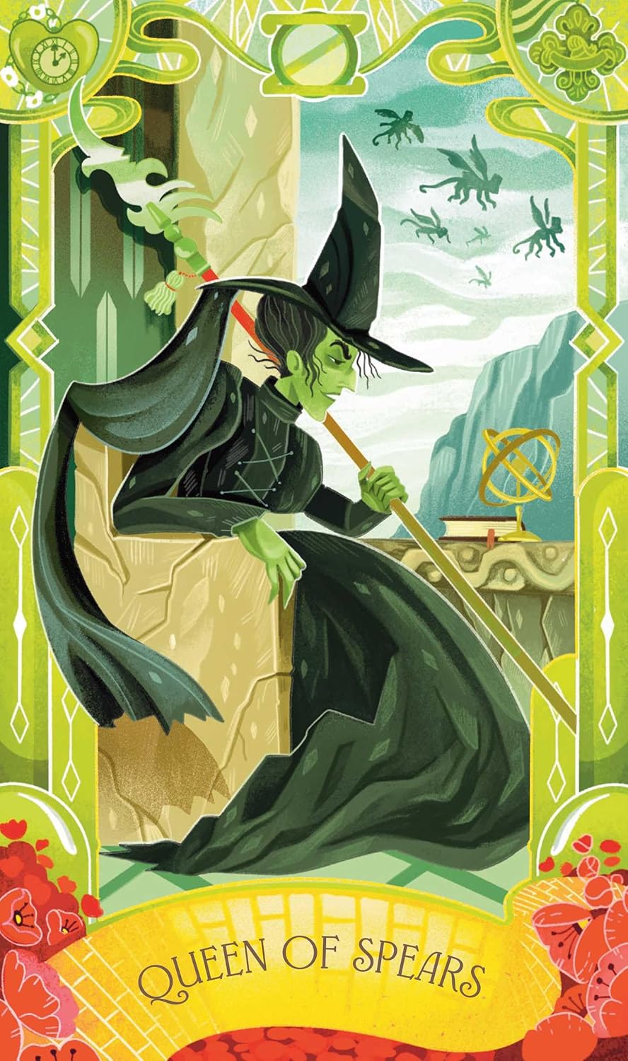 Card featuring a witch with a broomstick, labeled 'Queen of Spears', in a decorative frame.