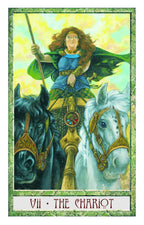 Tarot card titled 'The Chariot' featuring a woman on a chariot with two horses.