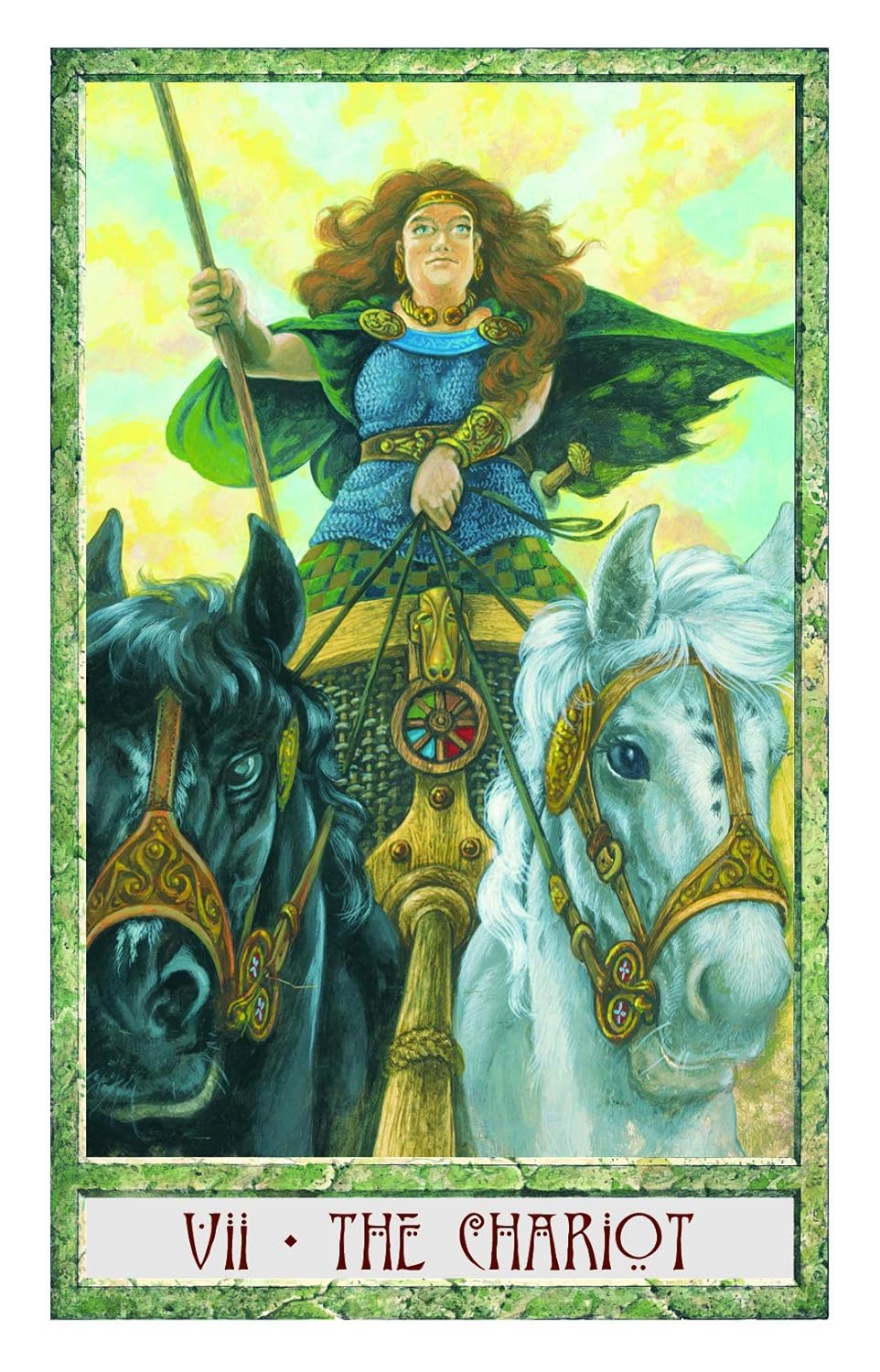 Tarot card titled 'The Chariot' featuring a woman on a chariot with two horses.