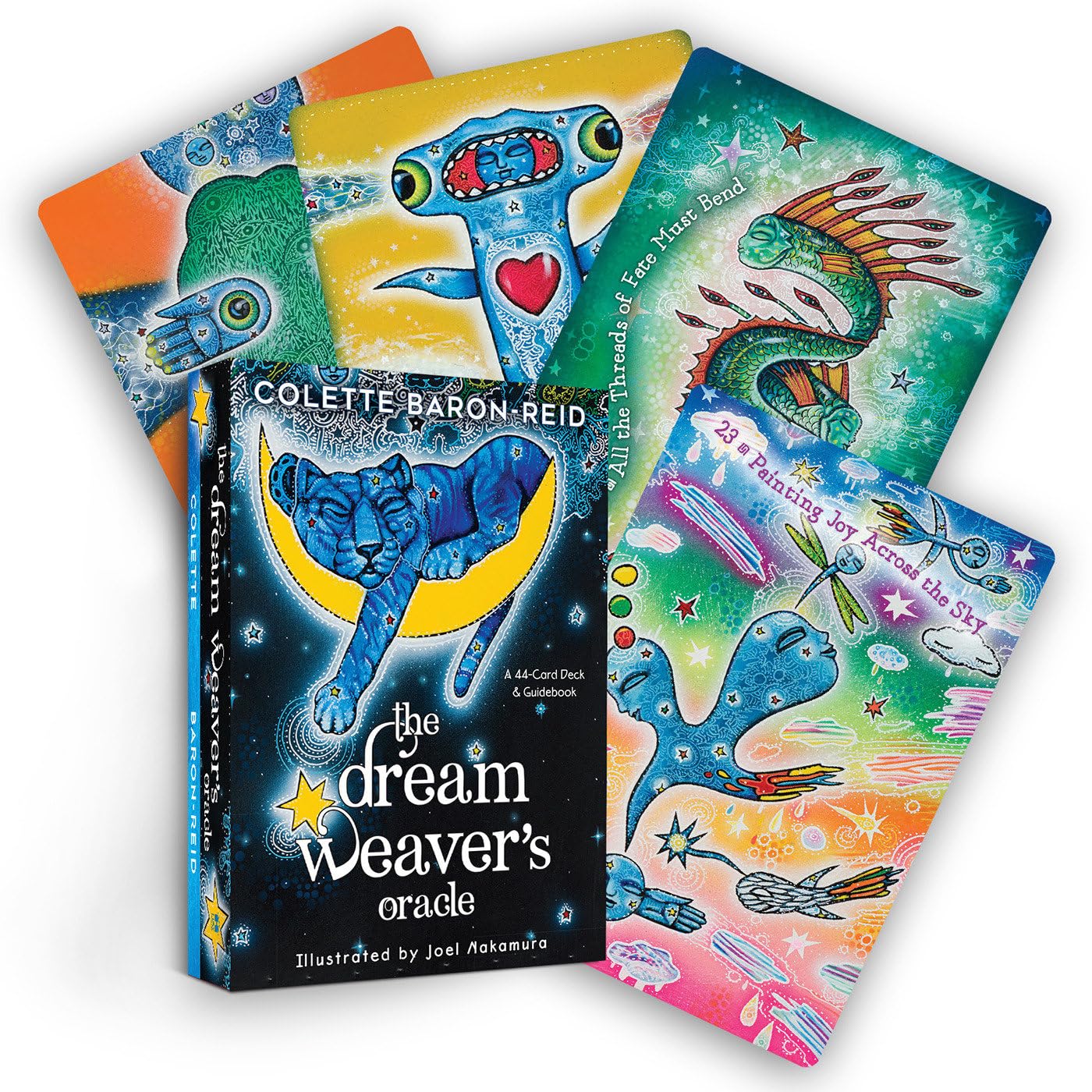 Set of colorful oracle cards with a book titled 'The Dream Weaver's Oracle' on a white background.