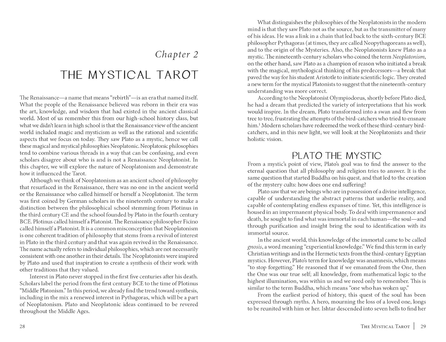 Book page with text on philosophy and the Mystical Tarot
