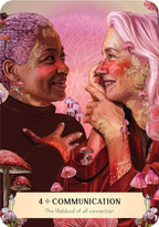 Two people with colorful hair and makeup, surrounded by mushrooms and flowers, with a 'Communication' card overlay.