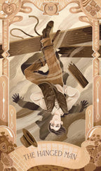 Tarot card titled 'The Hanged Man' with a person hanging from a noose, framed with decorative elements.
