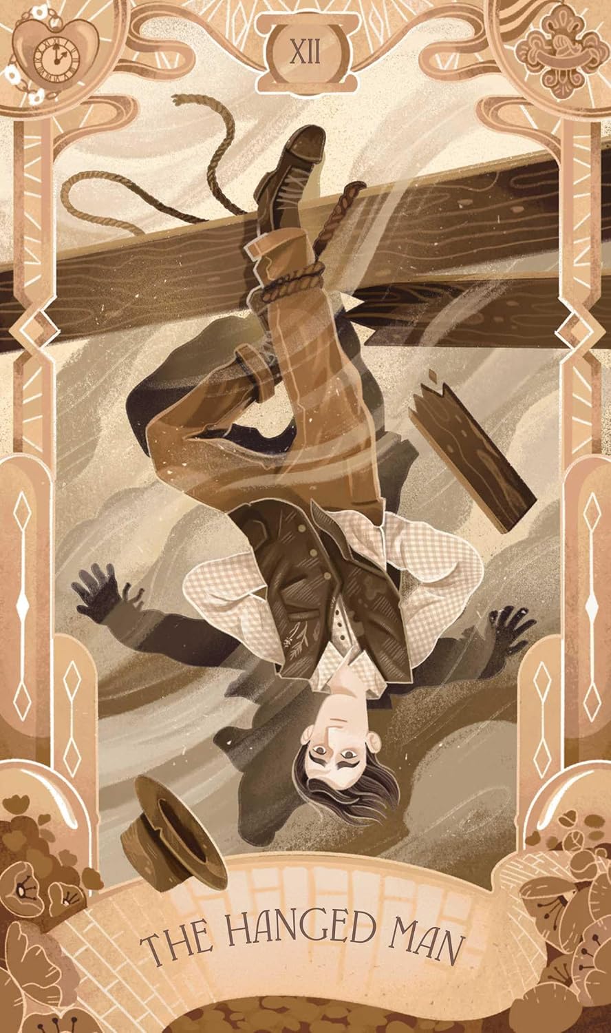 Tarot card titled 'The Hanged Man' with a person hanging from a noose, framed with decorative elements.
