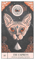 Card featuring a stylized cat with esoteric symbols and text 'The Empress' on a dark background.
