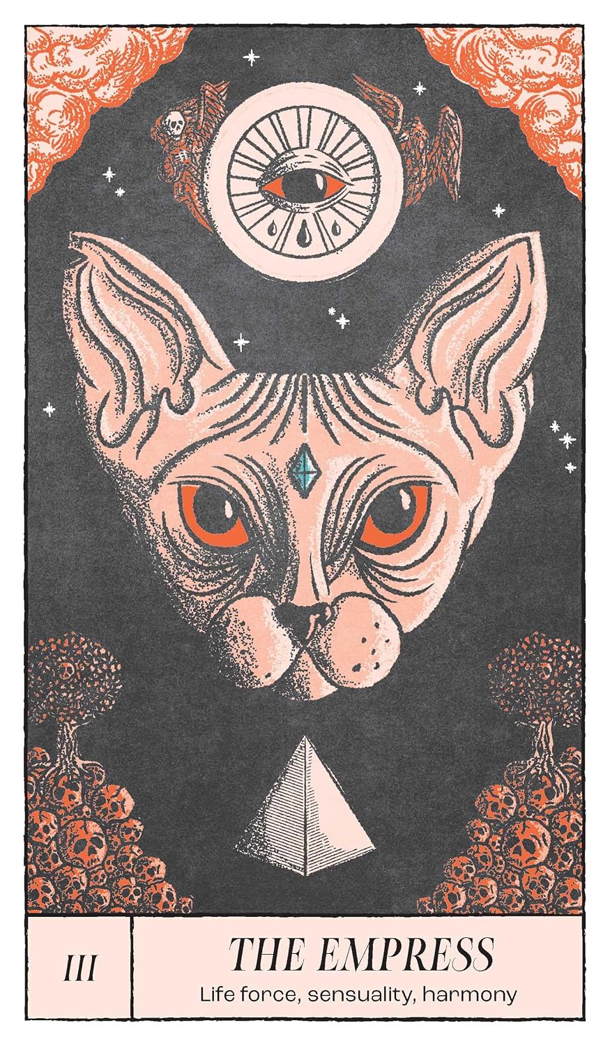 Card featuring a stylized cat with esoteric symbols and text 'The Empress' on a dark background.