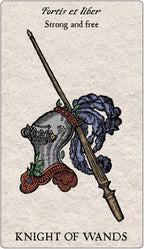 Card featuring a knight's helmet and spear with text 'Fortis et liber, Strong and free' and 'Knight of Wands'.