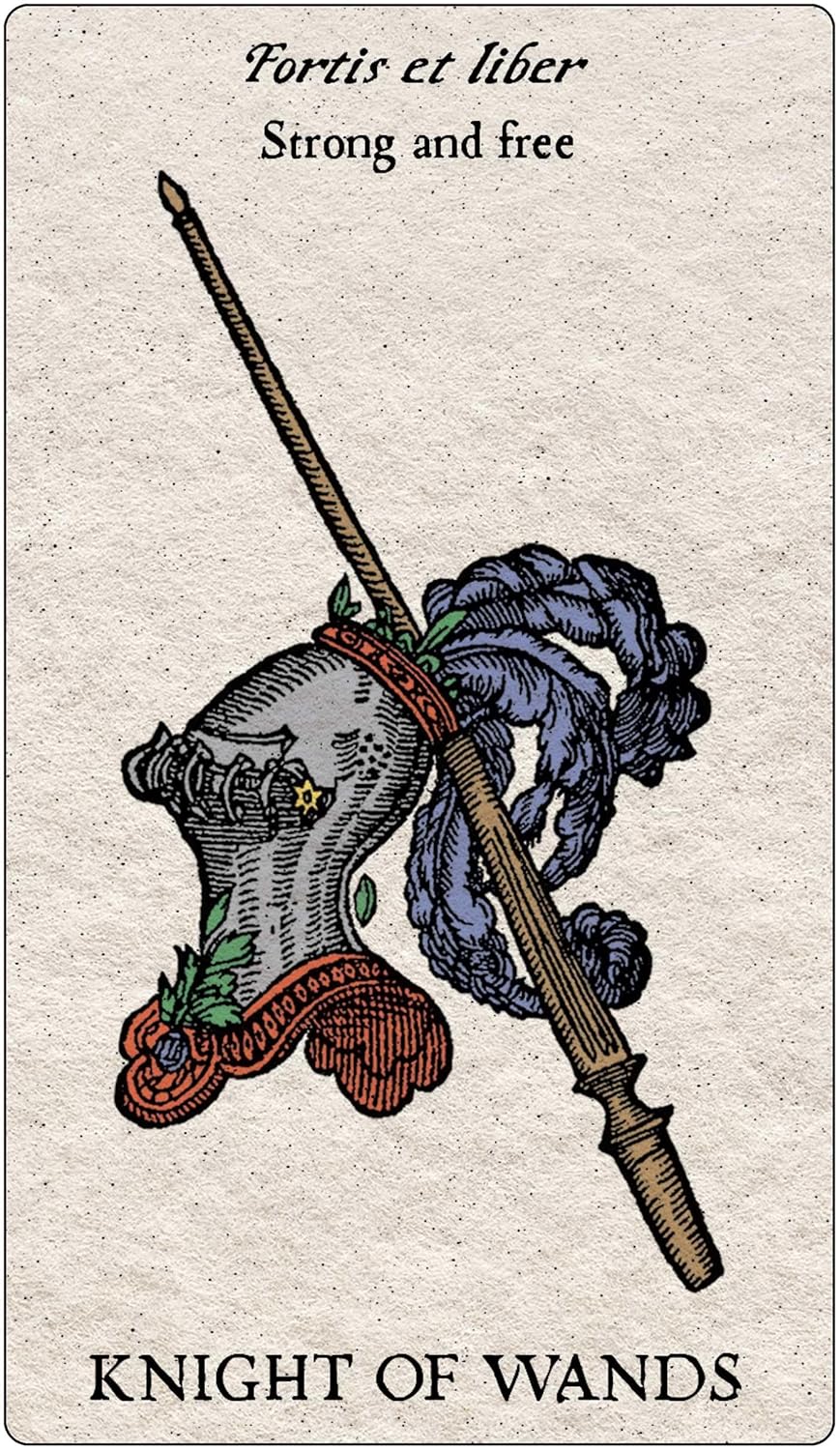 Card featuring a knight's helmet and spear with text 'Fortis et liber, Strong and free' and 'Knight of Wands'.