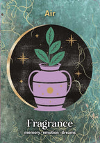Fragrance packaging with a plant illustration and text on a decorative background