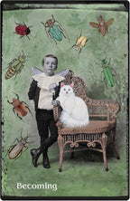 Vintage-style image of a boy with a white cat surrounded by illustrated insects on a textured green background.