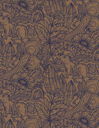 Patterned fabric with animals and plants in brown and blue tones.