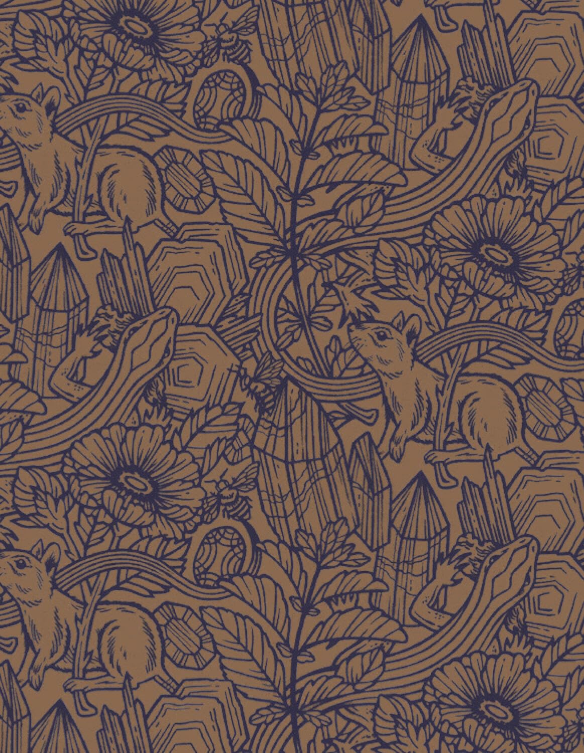Patterned fabric with animals and plants in brown and blue tones.