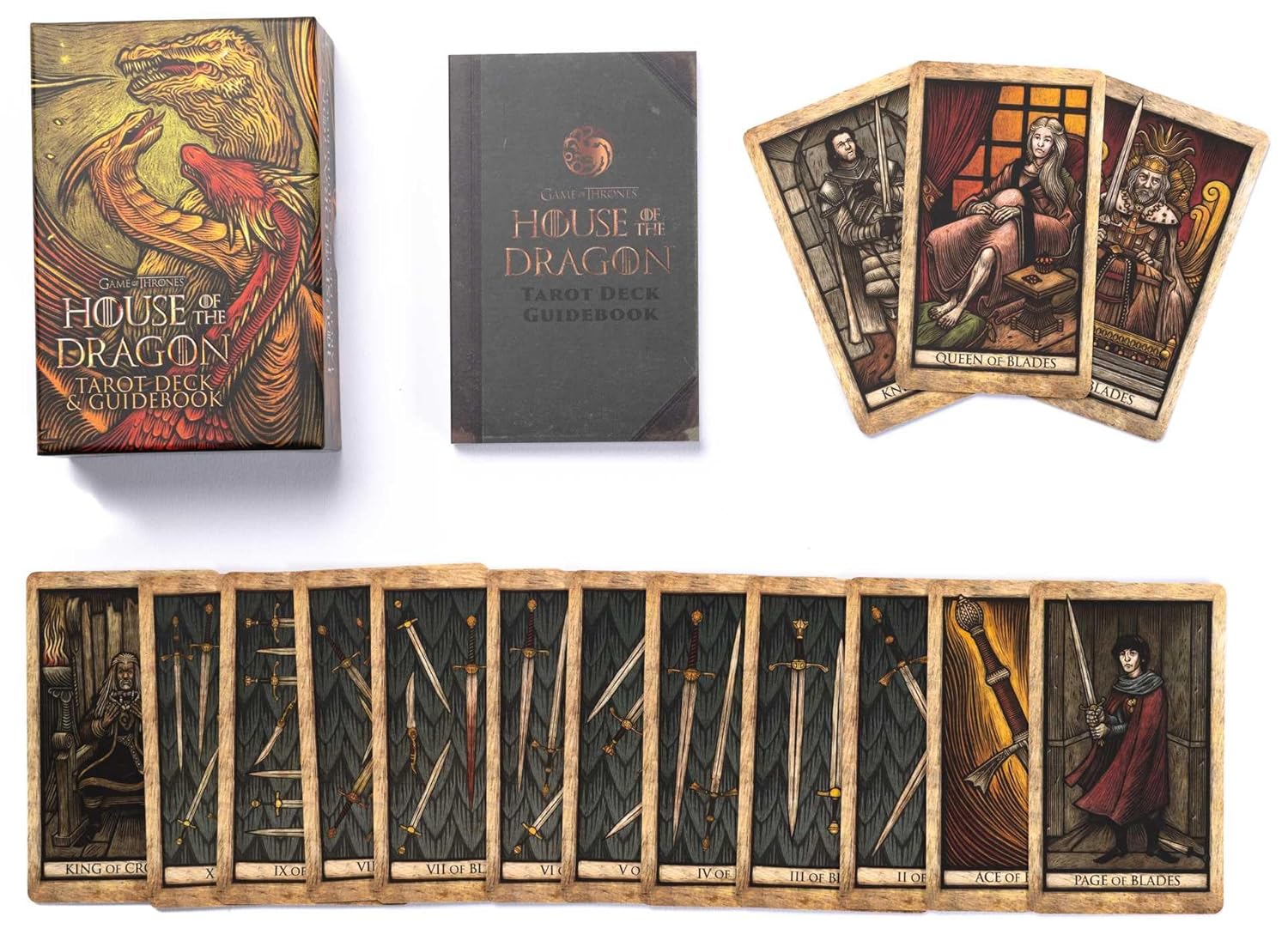 House of the Dragon tarot deck with guidebook and cards on a white background