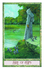 Tarot card titled 'Five of Cups' featuring a hooded figure by a lake with cups.