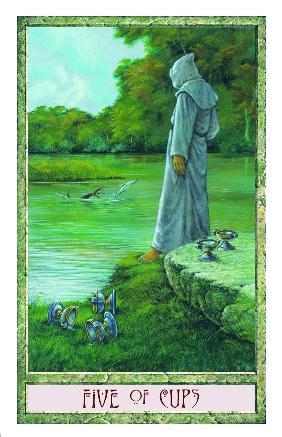 Tarot card titled 'Five of Cups' featuring a hooded figure by a lake with cups.