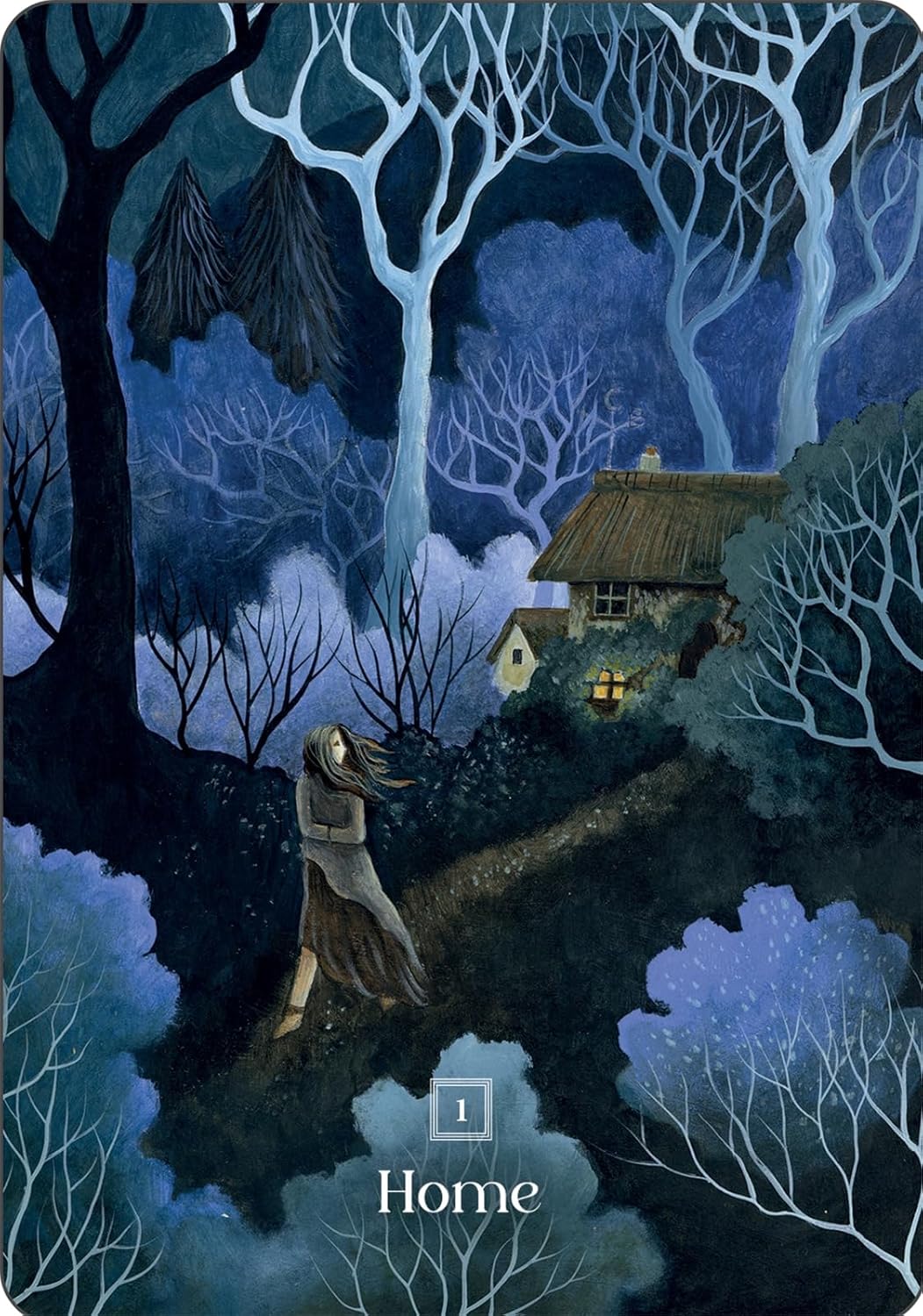 Framed artwork of a woman walking through a mystical forest towards a house at night.