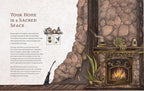 Decorative illustration of a stone fireplace with a lit fire, plants, and books, accompanied by text on a white background.