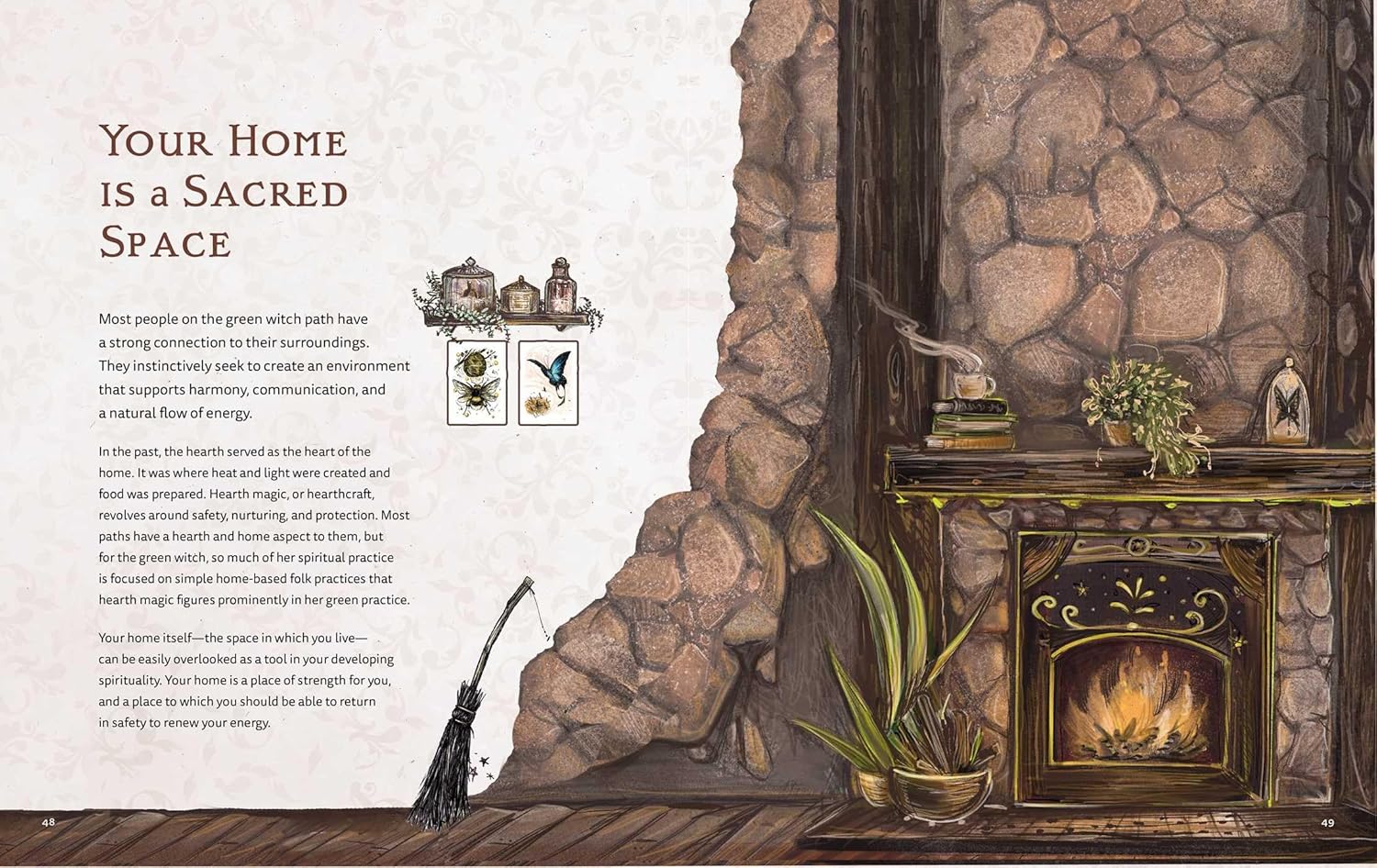 Decorative illustration of a stone fireplace with a lit fire, plants, and books, accompanied by text on a white background.