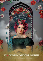 A decorative poster-style artwork featuring a vintage portrait of a woman with pink hair and floral arch framing, surrounded by roses, butterflies, stars, and French text including '#lunesquetamaine' and '27 OPTIMISM. WELCOME.