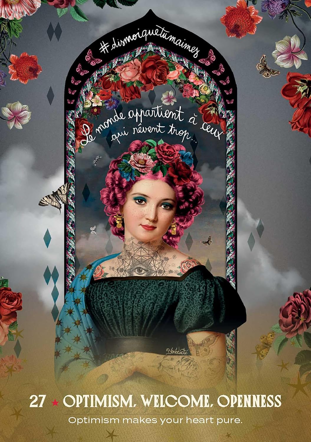 A decorative poster-style artwork featuring a vintage portrait of a woman with pink hair and floral arch framing, surrounded by roses, butterflies, stars, and French text including '#lunesquetamaine' and '27 OPTIMISM. WELCOME.