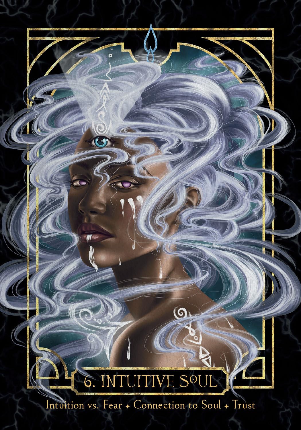 Artistic depiction of a woman with white hair and mystical elements, framed as 'Intuitive Soul' with text below.