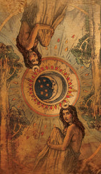 Artistic depiction of two women embracing with a celestial design in the center, surrounded by nature elements.