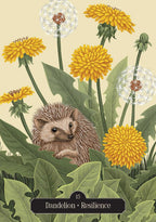 Illustration of a hedgehog among dandelions and daisies on a beige background