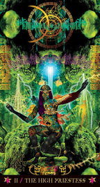 Futuristic tarot card featuring a high priestess figure with a glowing light in a green, otherworldly landscape.