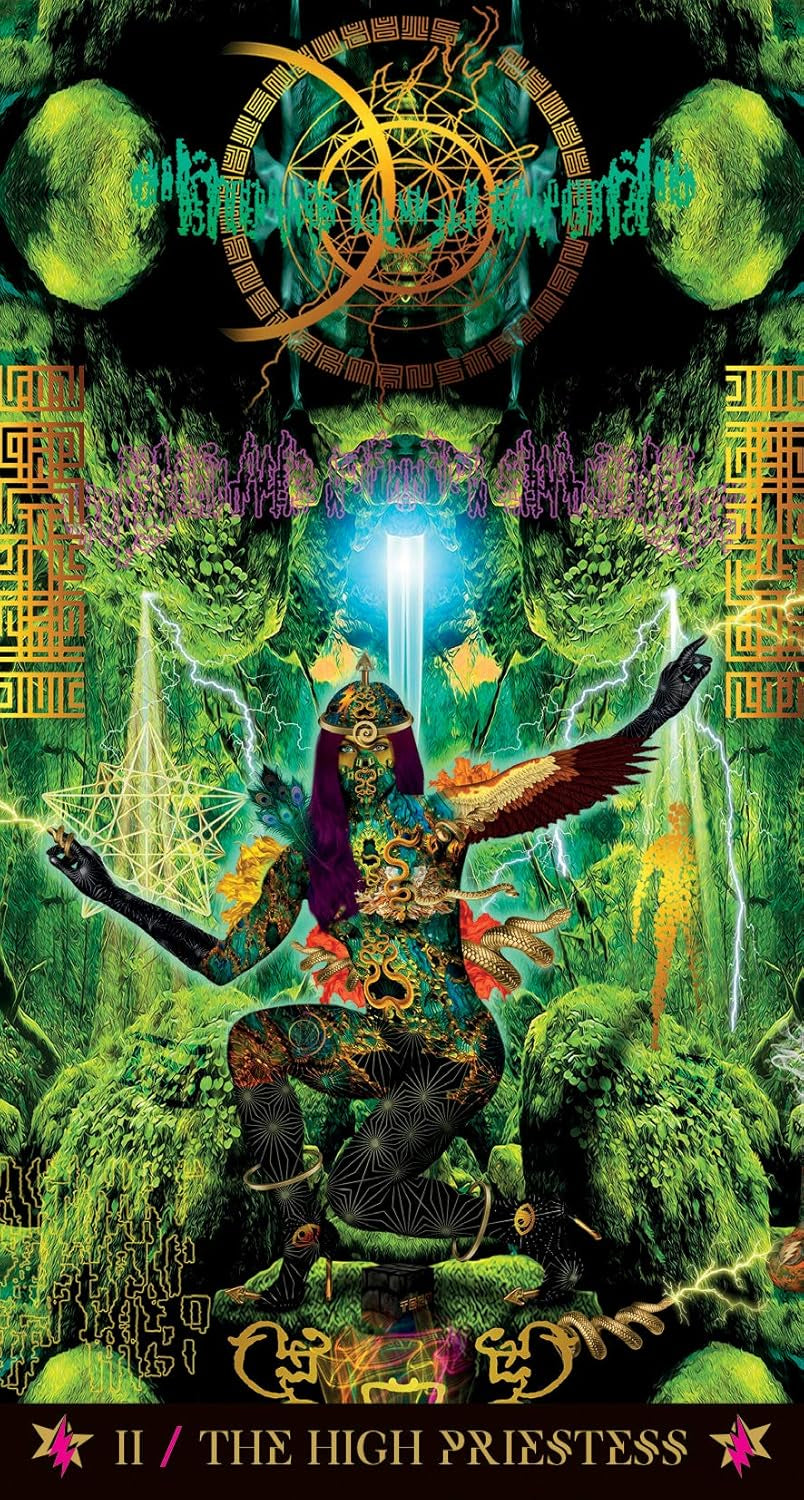 Futuristic tarot card featuring a high priestess figure with a glowing light in a green, otherworldly landscape.