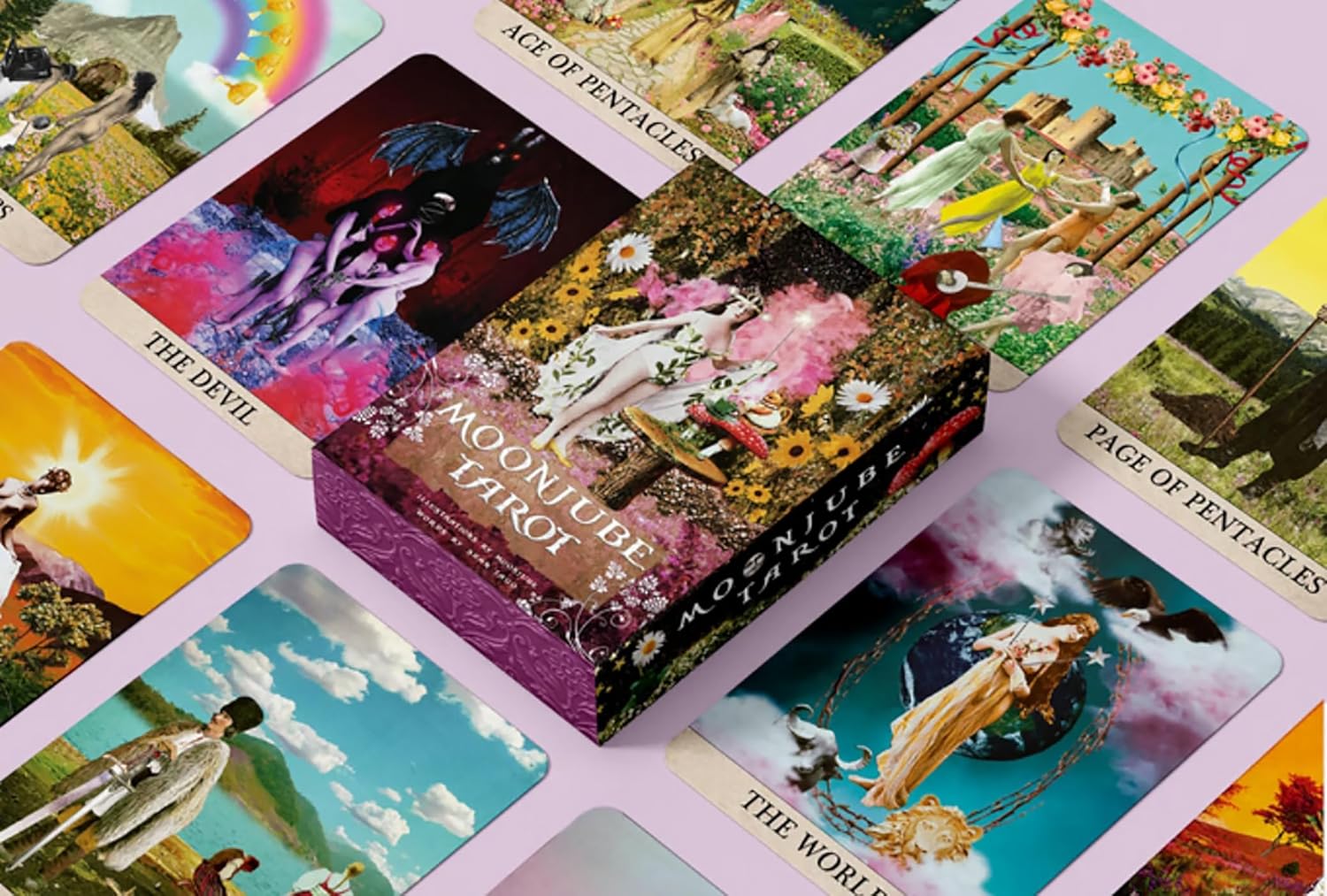 Moonlube Tarot cards with colorful illustrations on a pink background