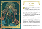A printed book or magazine spread showing a decorative fantasy illustration of a woman with flowing hair and ornate teal border art on the left page, with text columns titled '27. Freya Fruitfulness' on the right page.